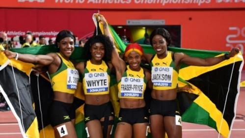 Jamaica’s 4x100m women’s relay team won gold at the 2019 Athletics World Championships – pict.: AFP